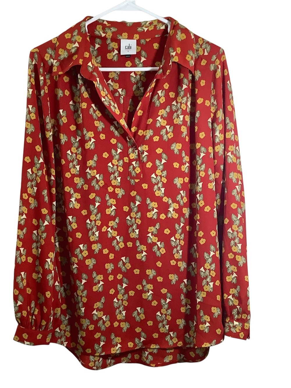 CAbi Red Floral Split-Neck Long Sleeve Blouse